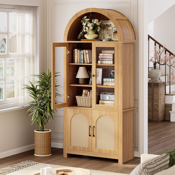 74.8" Tall Arched Bookshelf with RGB Lights, Rattan & Glass Doors, Wood Storage Cabinet