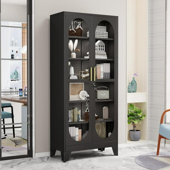 74.8" Tall Metal Curio Cabinet, Display Cabinet with Glass Door, 6 Tier Liquor with 5 Adjustable Shelves, Locking Glass Display Case for Collectibles, Showcase Storage Cabinets, Black