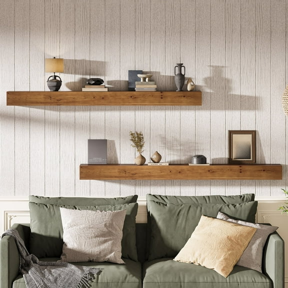 74.8" Wood Fireplace Mantel Shelf, Wall Mounted Floating Shelves, Rustic Brown (Set of 2)