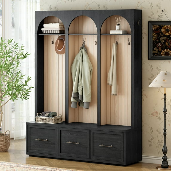 74.8" Wooden Hall Tree with 8 Retro Hooks, Rustic Coat Rack & Shoe Organizer with 3 Drawers for Wide Entryway Bench, for Living Room, Black