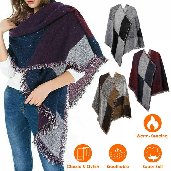 74.8x25.6In Women Winter Warm Scarf, Long Soft Knitted Shawl Extra Thick Plaid Blanket Wrap Cape