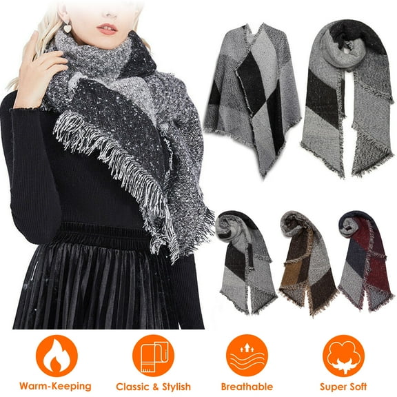 74.8x25.6In Women Winter Warm Scarf, Long Soft Knitted Shawl Extra Thick Plaid Blanket Wrap Cape