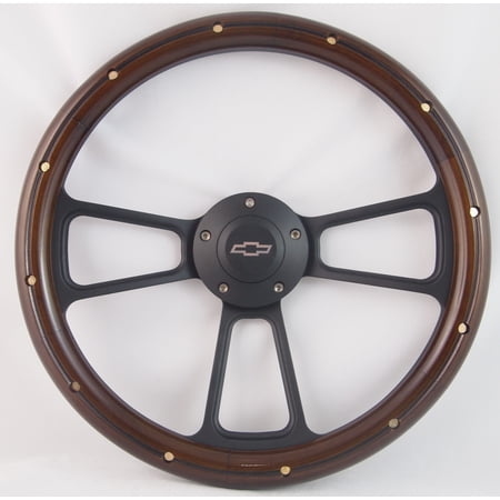 74-94 Chevrolet/GMC Truck Models 14" Stained Mahogany with Rivets Brass Wood Billet Black Steering Wheel Set Adapter & Horn
