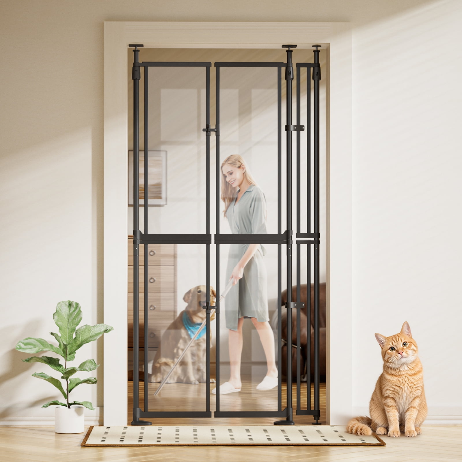 74-98" Extra Tall Cat Gate, 33.86-41.34, Transparent Double Doors, No Drilling Pressure Mount Pet Gate for Doorways/Stairs/Kitchen/Home, Auto Close, Black