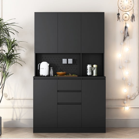 74" Black Freestanding Pantry for Kitchen and Laundry / Multi - purpose Storage Solution
