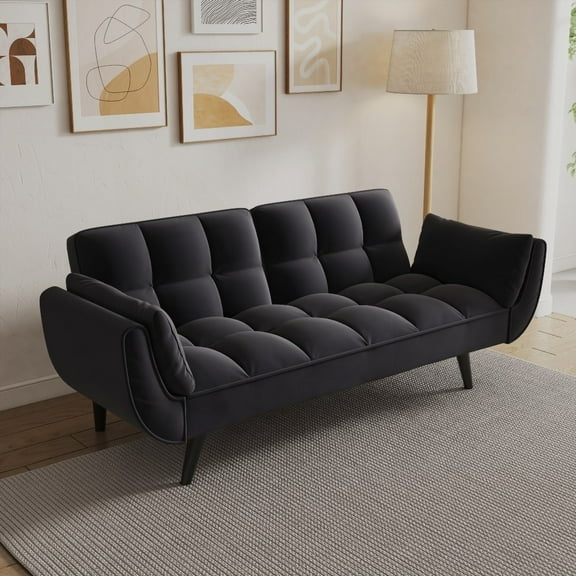 Modern Black Velvet Sofa 74" with Soft Armrests for Small Spaces
