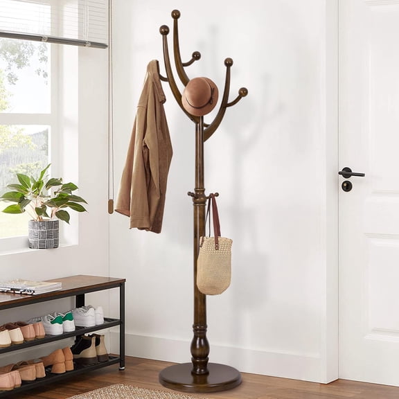 74” Coat Rack Freestanding, Wooden Coat Rack With 11 Hooks, Creative Design Tree Branch-Look, Entryway Decor With Sturdy Round Base, Heavy Duty Modern Coat Rack, For Bedroom Hallway Office