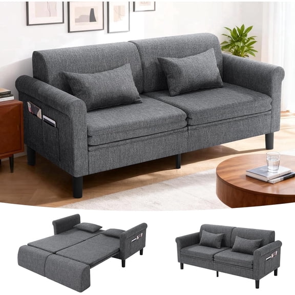 74" Convertible Sofa Bed, 5-in-1 Loveseat Sleeper Sofas with Pull Out Couch Bed, Storage Pockets & 2 Pillows, Modern Folding Linen Futon Couch for Living Room, Bedroom, Small Space, Dark Gray