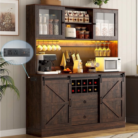 Blotout 74" Tall Farmhouse Kitchen Pantry Cabinet with LED Light & Charging Station, 63" W Bar Cabinet Kitchen Cupboard with Hutch, Pegboard