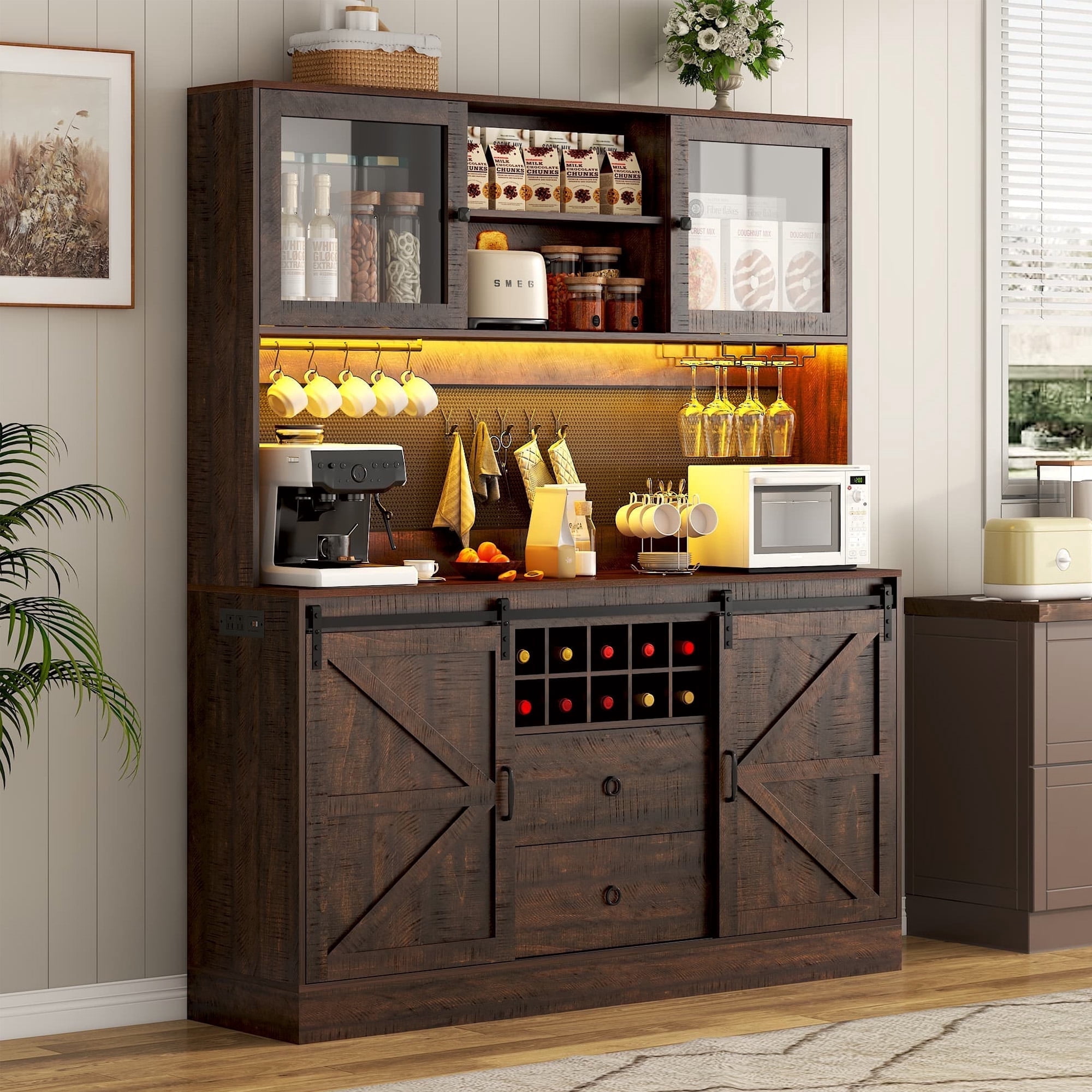 74" Farmhouse Kitchen Pantry Storage Cabinet with LED Light & Charging Station, 63" W Coffee Bar Cabinet Kitchen Cupboard with Hutch and Sliding Barn Doors, Pegboard