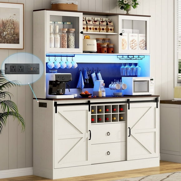 74" Farmhouse Kitchen Pantry Storage Cabinet with LED Light & Charging Station, 63" W Coffee Bar Cabinet Kitchen Cupboard with Hutch and Sliding Barn Doors, Pegboard