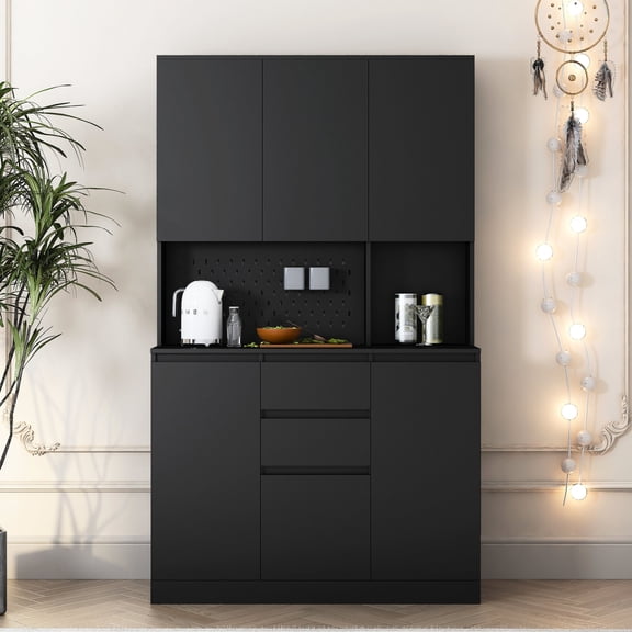 74" Freestanding Storage Hutch | Organize Kitchen and Garage | Black Coated Wood Surface | Improve Space Utilization