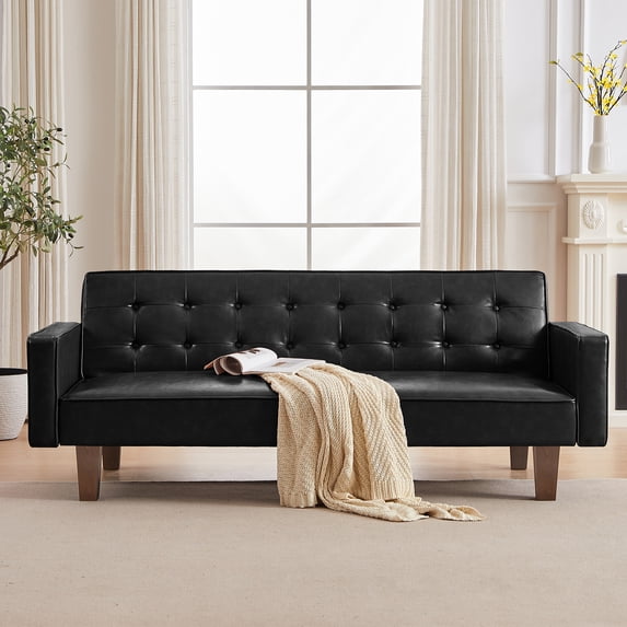 74"Futon Sofa Bed,Modern Faux Leather Convertible Sofa Couch Futon Bed , Button Tufted Convertible Sleeper Sofa with Adjustable Backrest for Small Spaces Living Room Home Office Hotel