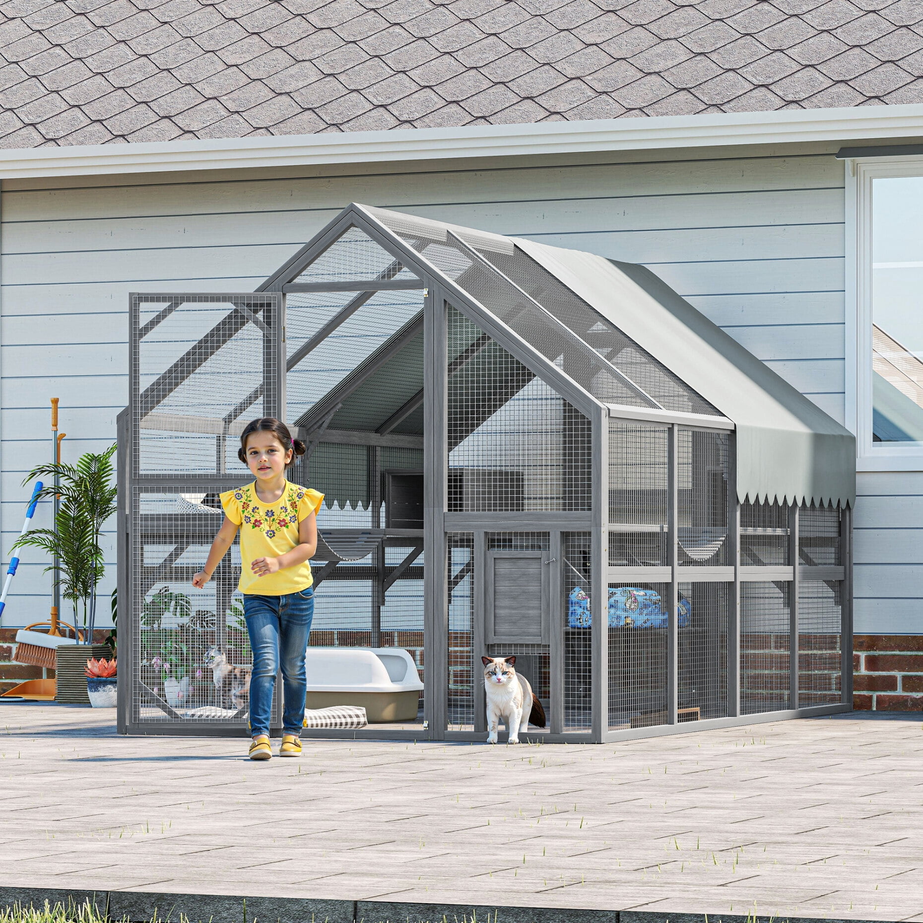 74"H Catio Outdoor Cat Enclosure for Multiple Cats, Wooden Walk in Cats House with 2 Platforms, 2 Resting Box and 1 Bridge, Cats Shelter with Weatherproof Roof and Canopy