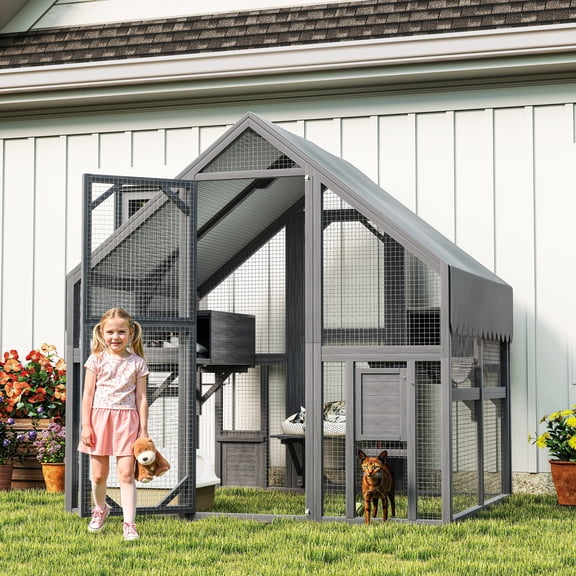 74"H Catio Outdoor Cat Enclosure for Multiple Cats, Wooden Walk in Cats House with 2 Platforms, 2 Resting Box and 1 Bridge, Cats Shelter with Weatherproof Roof and Canopy