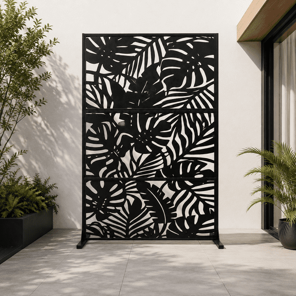 74" H Metal Outdoor Privacy Screen, Freestanding Tropical Plants Fence Panel, Rustproof for Patio Balcony Garden Indoor