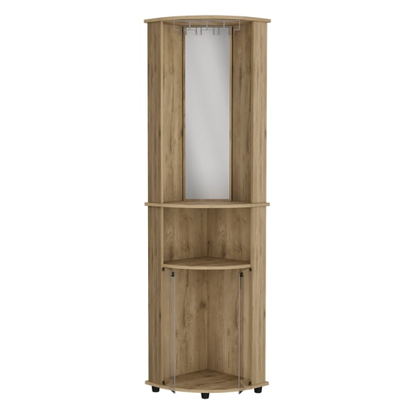 74" H oak bar-coffee corner cabinet storage, with rounded front design, with 2 central shelves, 1 glass holder in the upper compartment and 1 storage with double glass door in the lower part.