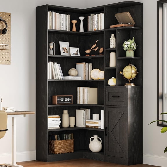 74 Inch Corner Bookshelf, L Shaped 6 Tier Storage Shelf with Drawer and Cabinet, Freestanding Corner Bookcase for Living Room, Bedroom, Home Office, Black