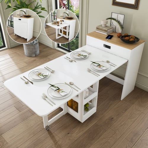 74-Inch Extendable Dining Table with Power Outlet and Lockable Casters, Pull-Out Kitchen Island with Faux Marble Surface and Storage Cabinet, for Small Spaces, Apartment, Dining Room, White Natural