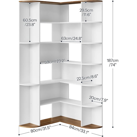 74" Tall Corner Bookshelf, 6-Tier L-Shaped Modern Storage Unit with Display Shelf for Home Office Living Room White