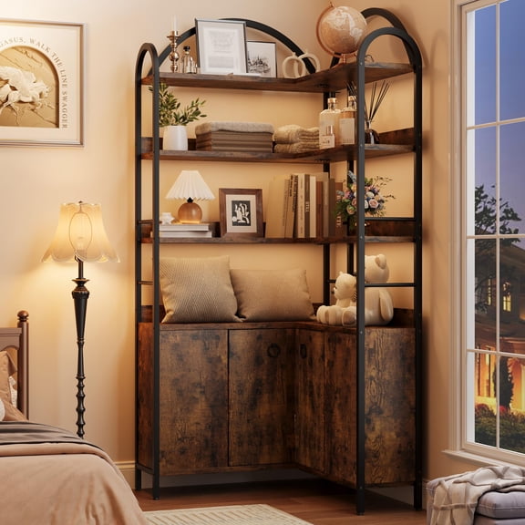74 Inch Tall L-Shaped Corner Bookshelf, 6-Tier Arched Storage Cabinet with Adjustable Feet & Anti-Tipping Design for Living Room & Office