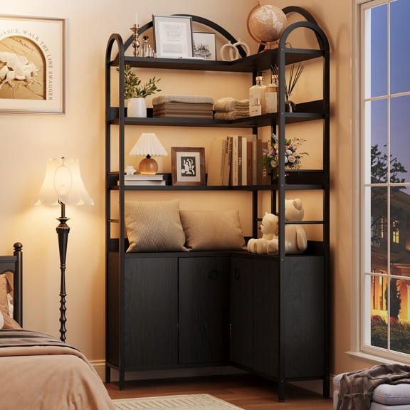 74 Inch Tall L-Shaped Corner Bookshelf, 6-Tier Arched Storage Cabinet with Adjustable Feet & Anti-Tipping Design for Living Room & Office
