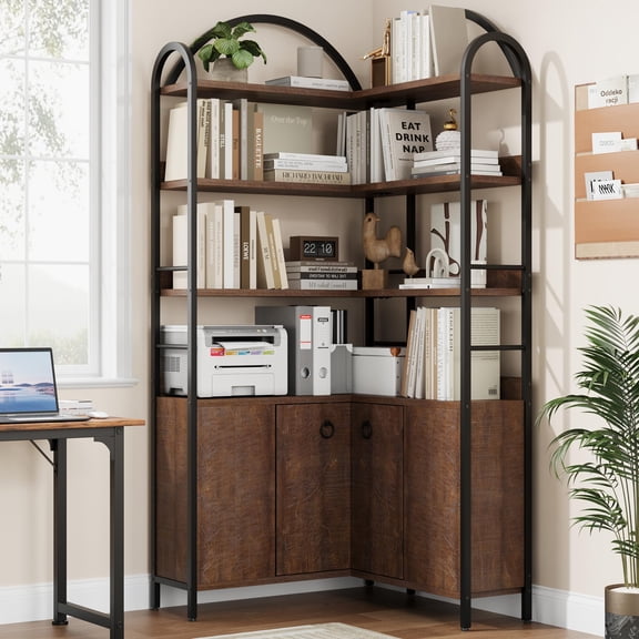 74 Inch Tall L-Shaped Corner Bookshelf, 6-Tier Arched Storage Cabinet with Adjustable Feet & Anti-Tipping Design for Living Room & Office
