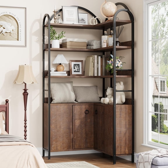 74 Inch Tall L-Shaped Corner Bookshelf, 6-Tier Arched Storage Cabinet with Adjustable Feet & Anti-Tipping Design for Living Room & Office