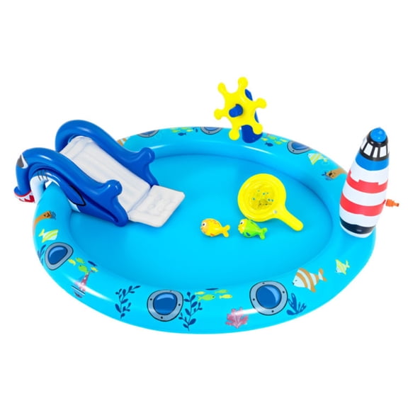 74 " Inflatable Marine Spray Pool with Shark Slide & Lighthouse Sprinkler, Kids Water Play Center for Backyard