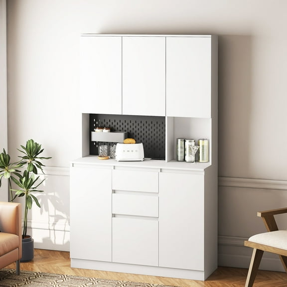 74" Kitchen Pantry Cabinet with Charging Station,Freestanding Buffet Cupboards Sideboard with Drawer,LED Lights,Microwave Stand for Kitchen,Living Room,Dining Room, White