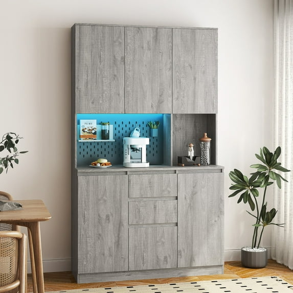 74" Kitchen Pantry Cabinet with LED Lights and Charging Station, Modern Freestanding Buffet Cabinet with Doors and Drawers, Tall Kitchen Hutch Cabinet for Bedroom, Wood