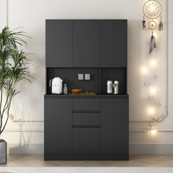 74" Kitchen Pantry Cabinet with LED Lights, Freestanding Buffet Cupboard with 2 Drawers and Charging Station, Coffee Bar Cabinet for Kitchen, Living Room, Dinning Room, Black