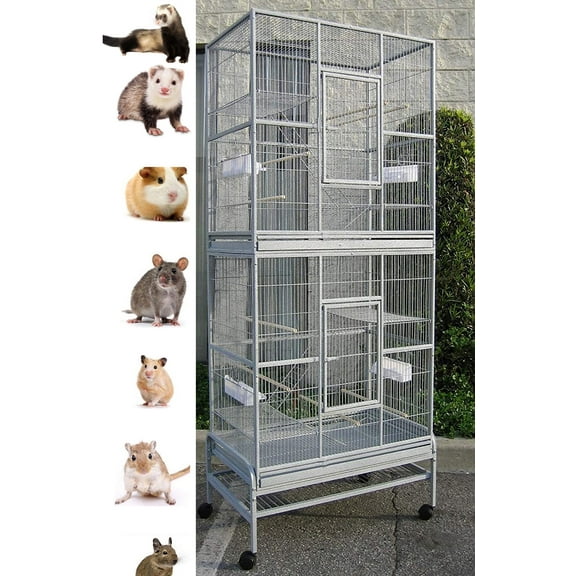 74" LARGE Double Stackabel Multi-Level Chew-Proof Metal Platform Ladder Small Animal Critters Cage Easy Clean Pull Out Grate & Tray With Removable Rolling Stand