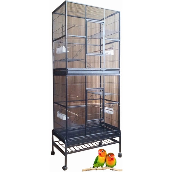 74" Large Double Separate Stacker Wrought Iron Bird Flight Parrot Breeding Breeder Cage Double Feeder Cups Side Nesting Box Door Easy Clean Pull Out Grate & Tray With Detachable Rolling Stand