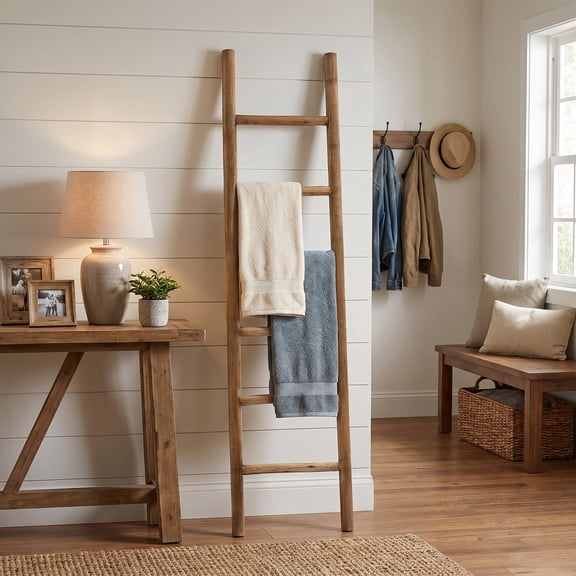 Langford Home 6-Tier Leaning Blanket 74" Ladder, Home Bathroom Decor, Fir Wood