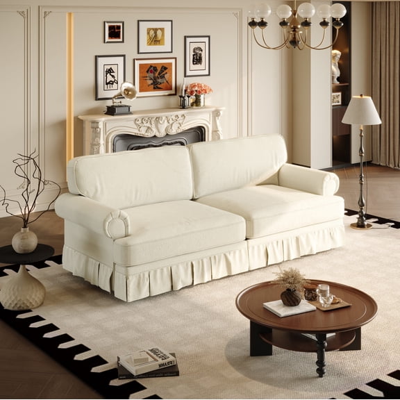 74" Chesterfield Loveseat Sofa with 26.4 Inch Extra Deep Seat, 3-Seater Cloud Couch with Rolled Arms and Pleated Skirt Design, White