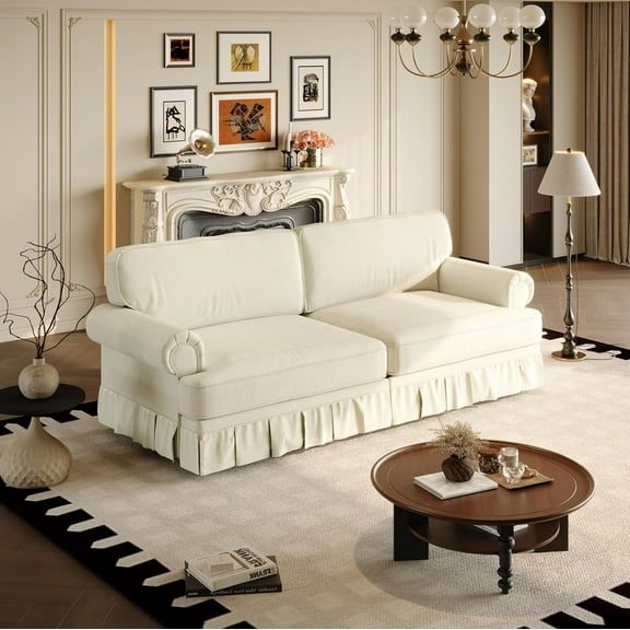 74'' Mid-Century Modern Love Seat with Ruffled Skirt, Upholstered Chenille Loveseat Sofa, Deep Seat Couch, Rolled Arm, Living Room Sofa Set, Home Sofas for Living Room, Apartment, Beige