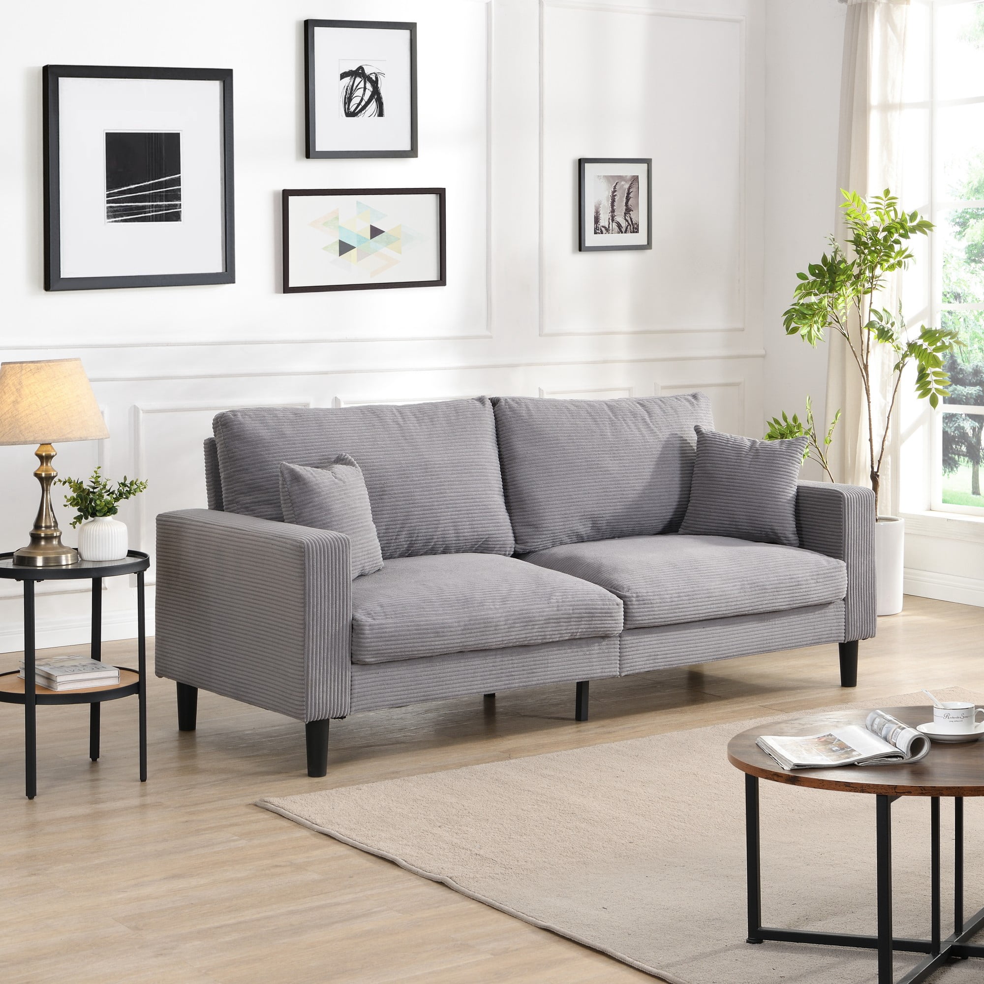 74" Modern Upholstered Sofa Couch,Comfy 3 Seater Sofa with 2 Pillows for Living Room Bedroom Apartment,Light Gray