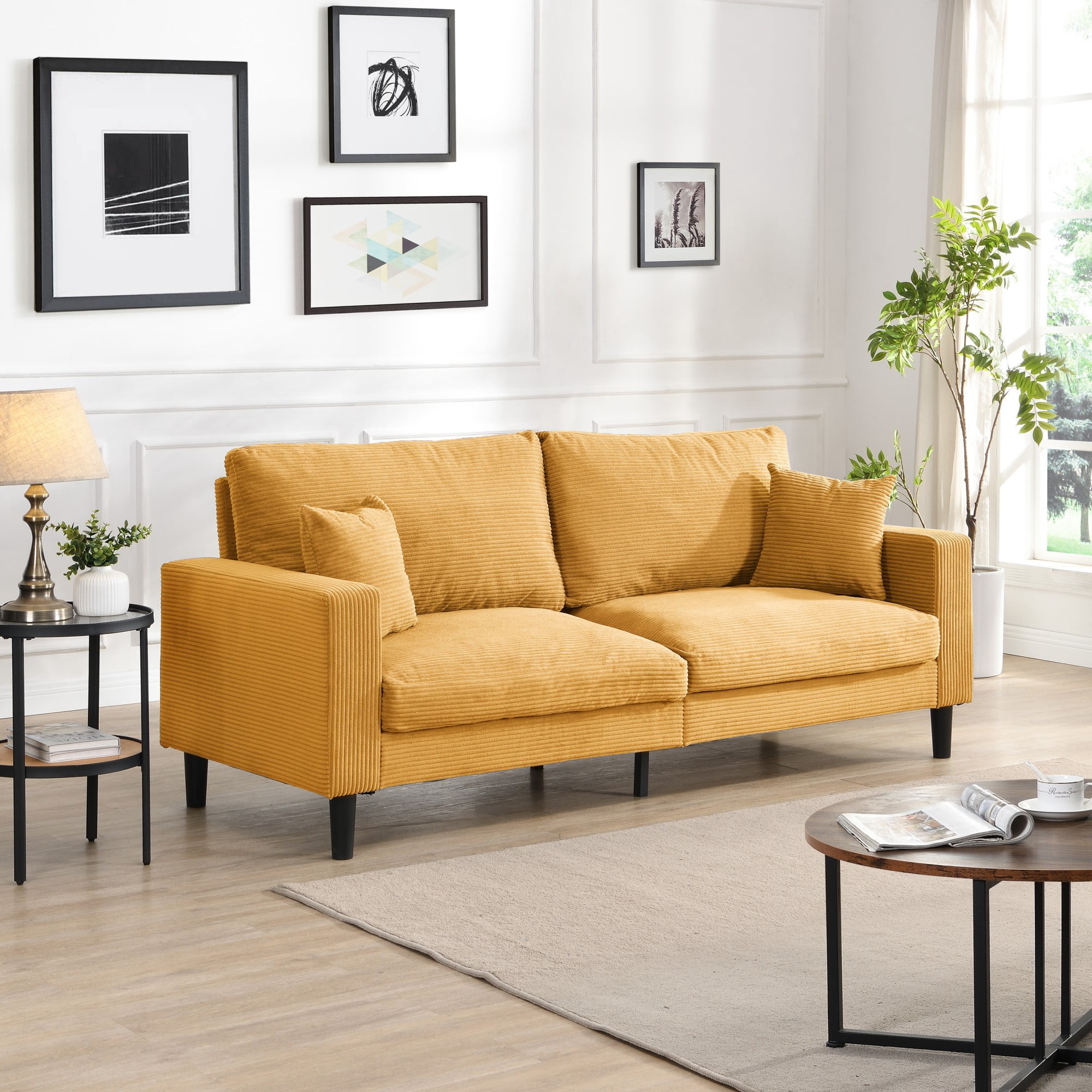 74" Modern Upholstered Sofa Couch,Comfy 3 Seater Sofa with 2 Pillows for Living Room Bedroom Apartment,Orange
