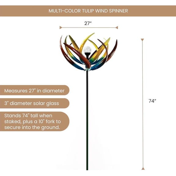 - 74" Multi-Color Tulip Wind Spinner - Yard Decorations - Solar Powered Glass Ball - Garden Decoration - Tulip Yard Art