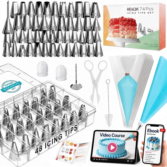 74 PCs Icing Piping Bags and Tips Set, Cake Decorating Kit with 48-Numbered Piping Tips, Anti Burst Pastry Bags for Cookie Cupcake Cake Decoration, Cake Decorating Tips Set with Booklet & E-book