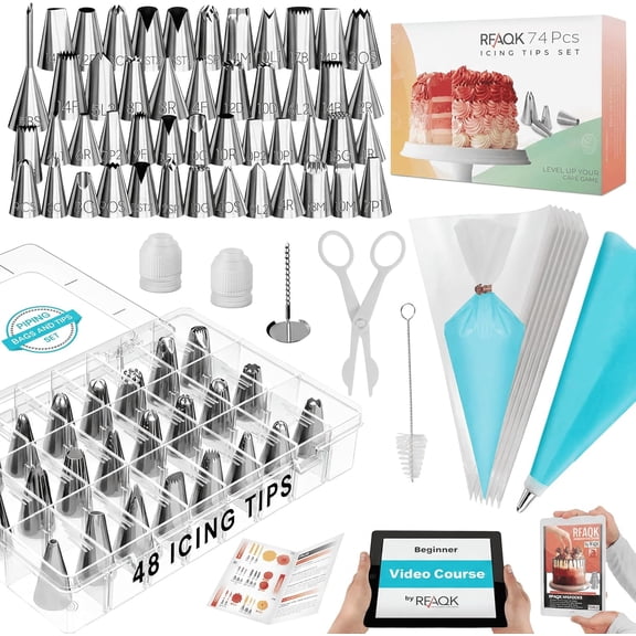 74 PCs Icing Piping Bags and Tips Set, Cake Decorating Kit with 48-Numbered Piping Tips, Anti Burst Pastry Bags for Cookie Cupcake Cake Decoration, Cake Decorating Tips Set with Booklet & E-book