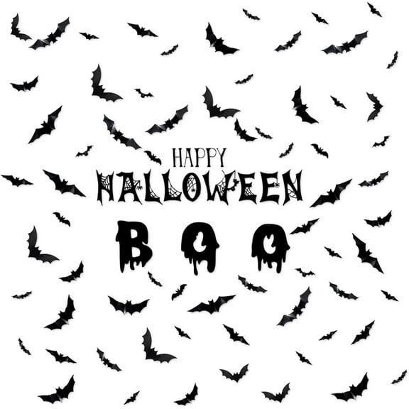 74 Pcs Bats Wall Decor, Bats Halloween Decoration Bat Decor 3D Black Bat Stickers Decals for Home Window Halloween Party Supplies (72 Bats+ 1 Happy Halloween + 1 Boo)