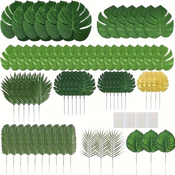 74 Pcs Tropical Leaf Set Artificial Palm and Monstera Leaves with Table Covers, Green Decorative Leaves for Daily Decorations Party Decor Table Centerpieces Hawaiian Jungle Theme
