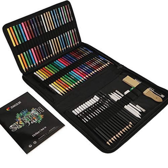 74-Piece Drawing Set - Beginner or Professional, Case with Watercolor, Colored, Graphite, and Charcoal Pencils + Accessories - Sketch Book Included