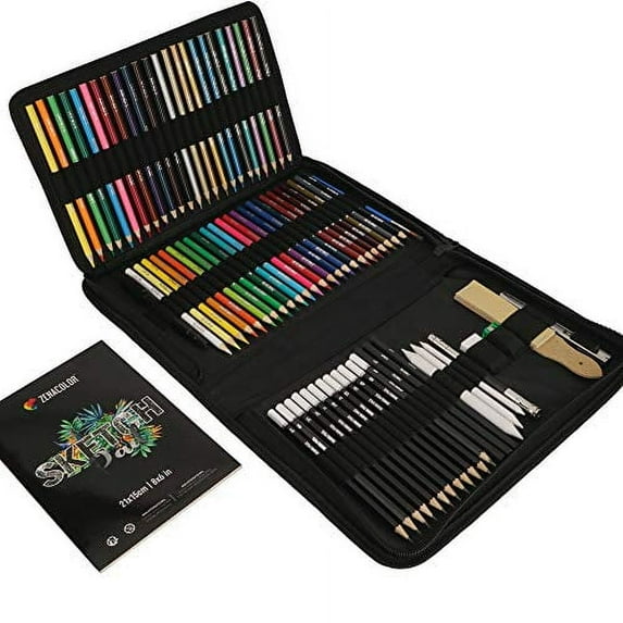 74-Piece Drawing Set - Beginner or Professional, Case with Watercolor, Colored, Graphite, and Charcoal Pencils + Accessories - Sketch Book Included