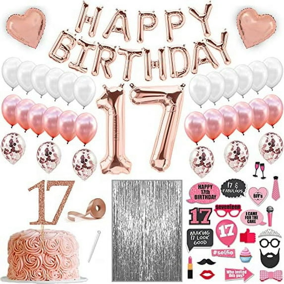 74 Piece Rose Gold 17th Birthday Decorations For Girls, 17 Birthday Decorations For Girls, 17 Year Old Girl Gift Ideas, 17th Birthday Gifts For Girls, 17 Birthday Cake Topper, Balloons 17