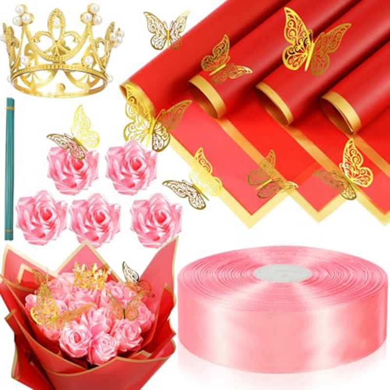 Fake Ribbon 74 Pieces DIY Artificial Roses Bouquet Fake Ribbon Flowers Bouquet 1-1 ...