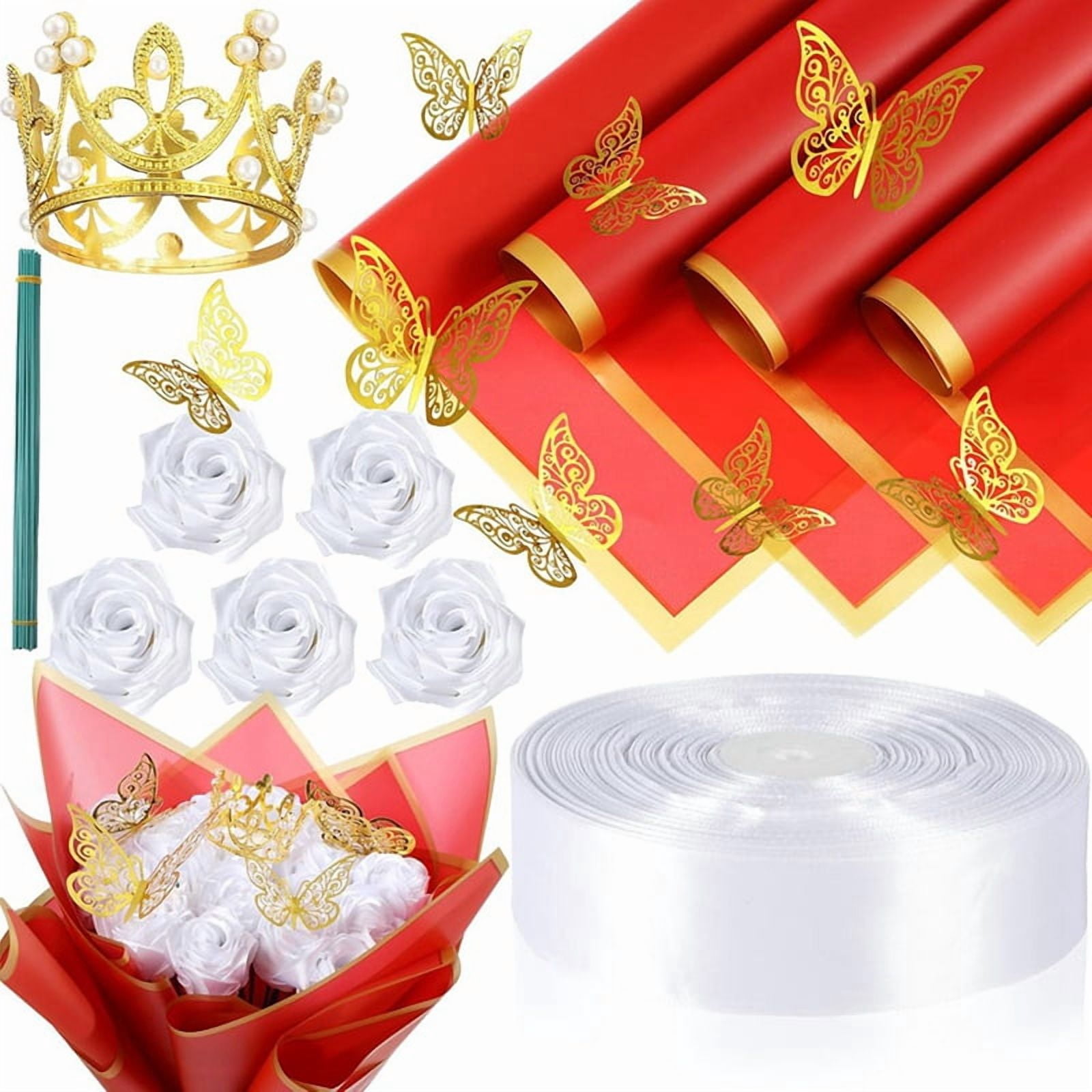 Fake Ribbon 74 Pieces DIY Artificial Roses Bouquet Fake Ribbon Flowers Bouquet 1-1 ...