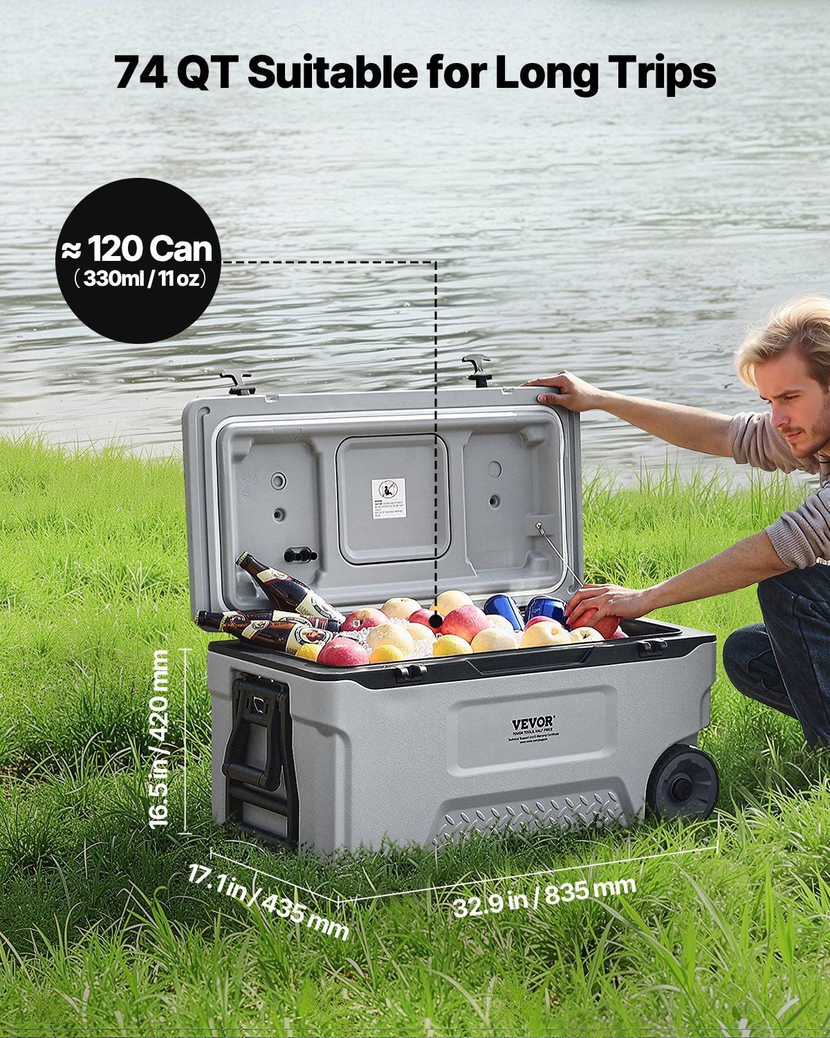 74 QT Portable Wheeled Cooler with Cup Holder, Insulated Design Fits 120 Cans, Ideal for Fishing and BBQs